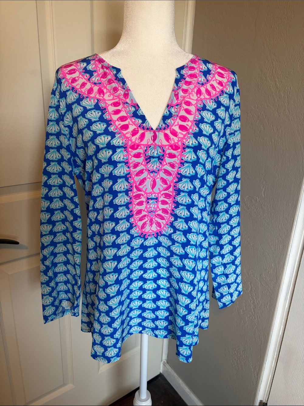 Lilly Pulitzer Renato Brilliant Blue Tunic with Pink Embroidered Yoke